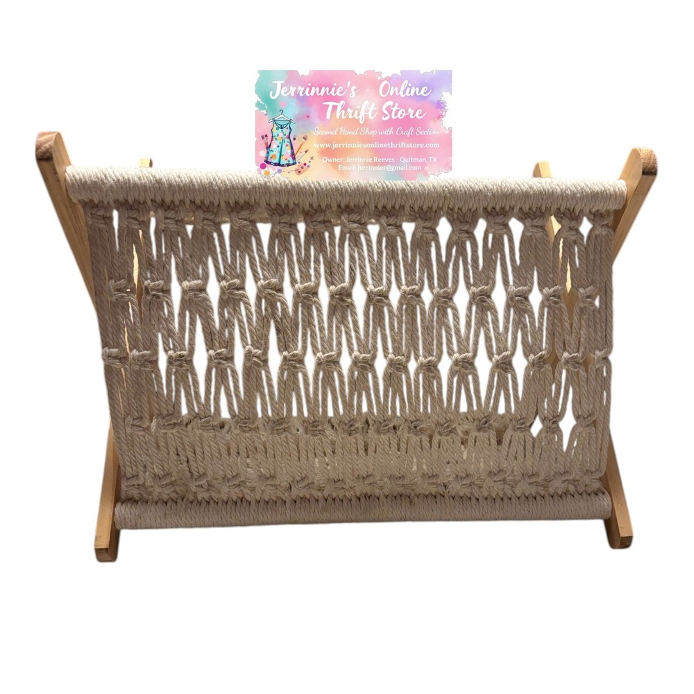 Boho Macrame Magazine Rack and Round Wall Mirror Set Cream Cotton Wood Frame - Picture 3 of 7